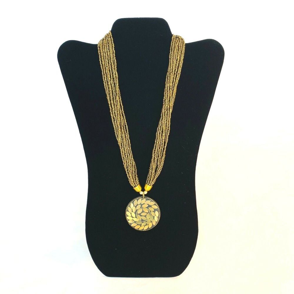 Layered Beaded Statement Pendant Necklace Handmade Antique Gold Finish Long NWOT